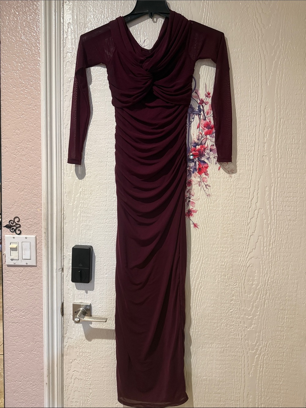 SHEIN Burgundy Long-Sleeve Ruched Maxi Dress